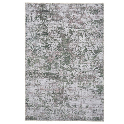 Green Silver Distressed Abstract Anti Slip Washable Runner Rug 80x300cm