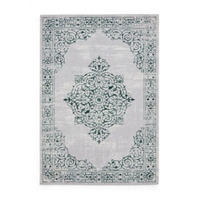 Green Silver Traditional Bordered Abstract Easy To Clean Dining Room Bedroom & Living Room Rug-120cm X 170cm