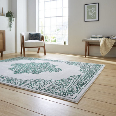 Green Silver Traditional Bordered Abstract Easy To Clean Dining Room Bedroom & Living Room Rug-160cm X 230cm