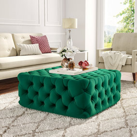 Green Square Velvet Upholstered Footstool Footrest Pouffe 92cm
