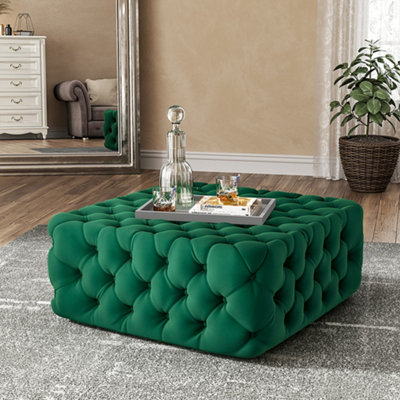 Green Square Velvet Upholstered Footstool Footrest Pouffe 92cm