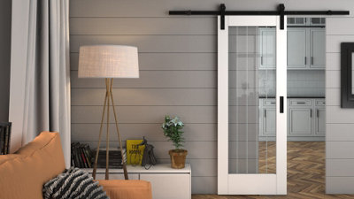 Green & Taylor Cottage Deluxe White Full Lite Clear Glass with Frosted Lines - Prefinished Internal Sliding Barn Door