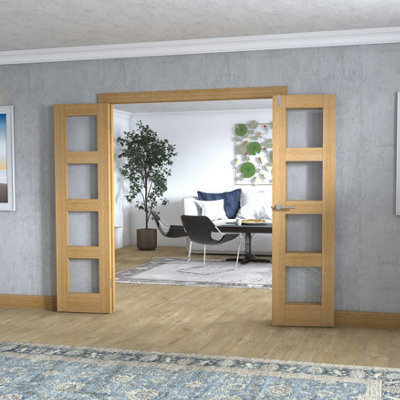 Green & Taylor Shaker Oak 4 Lite Clear Glass Internal French Folding Doorset - 1682 x 2031 x 108mm (WxHxT)