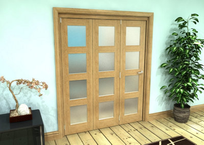 Green & Taylor Shaker Oak 4 Lite Frosted Glass - Prefinished Roomfold Internal Bi-folding Doorset - 1674 x 2060 x 133mm (WxHxT)