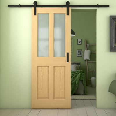 Green & Taylor Traditional Oak 2 Lite Frosted Glass Internal Sliding Barn Door