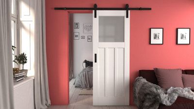 Green & Taylor White Primed 1930s 3 Panel Frosted Glass Internal Sliding Barn Door