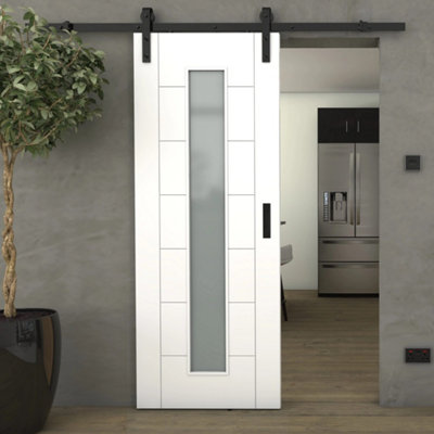 Green & Taylor White Primed 7 Panel Frosted Glass Internal Sliding Barn Door