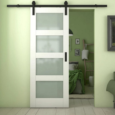 Green & Taylor White Primed Shaker 4 Lite Frosted Glass Internal Sliding Barn Door