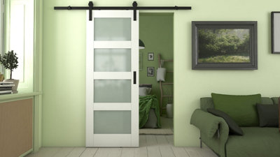 Green & Taylor White Primed Shaker 4 Lite Frosted Glass Internal Sliding Barn Door