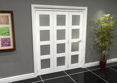 Green & Taylor White Primed Shaker 4 Lite Frosted Glass Roomfold Internal Bi-folding Doorset - 1674 x 2060 x 133mm (WxHxT)