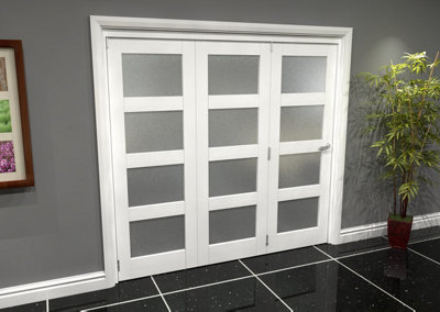 Green & Taylor White Primed Shaker 4 Lite Frosted Glass Roomfold Internal Bi-folding Doorset - 2133 x 2060 x 133mm (WxHxT)