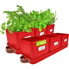 Green Thumbz Herb Pots for Kitchen Windowsill - 2 Pack Red Herb Planter Indoor with Leather Handled Tray - Ideal for an Indoor Her