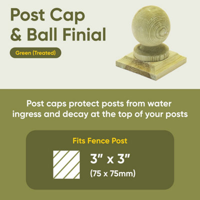 Green Timber Fence Post Cap & Ball Finial 100 x 100mm - Fits 3 x 3" Square Posts (FREE DELIVERY)