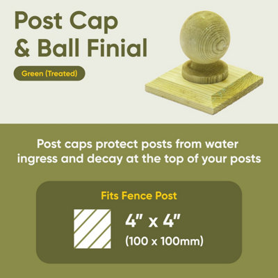 Green Timber Fence Post Cap & Ball Finial 120 x 120mm - Fits 4 x 4" Square Posts (FREE DELIVERY)