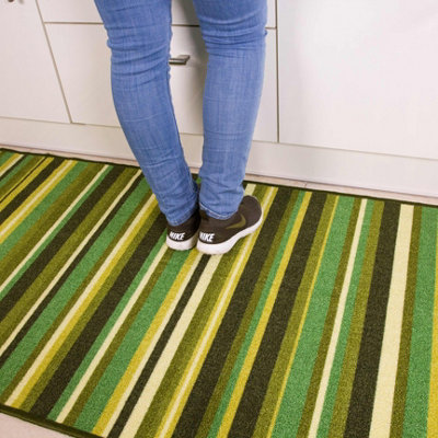 Green Tonal Striped Non Slip Washable Kitchen Utility Mat 120x160cm