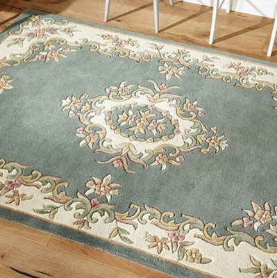 Green Traditional Bordered Floral Handmade Wool Rug for Living Room and Bedroom-80cm X 150cm
