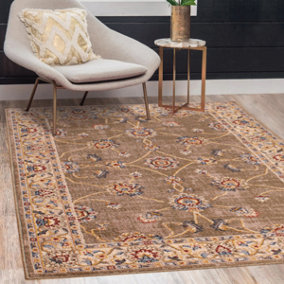 Green Traditional Bordered Floral Rug Easy to clean Dining Room-120cm X 170cm