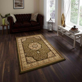Green Traditional Easy to Clean Bordered Floral Rug For Dining Room-120cm X 170cm