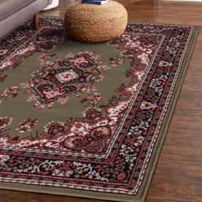 Green Traditional Floral Bordered Rug Easy to clean Dining Room-70 X 200cm (Runner)