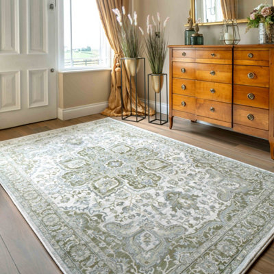 Green Traditional Floral Medallion Bedroom Living Area Rug 120x170cm