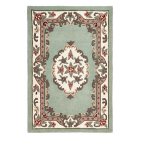 Green Traditional Wool Rug, Handmade Rug with 25mm Thickness, Green Floral Rug for Bedroom, & Living Room-120cm (Circle)