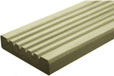 Green Treated UC3 Softwood Pine Deck Board Smooth One Side, Grooved on Reverse Pack of 56 pieces (L) 3.0m (W) 120mm (T) 28mm (32mm
