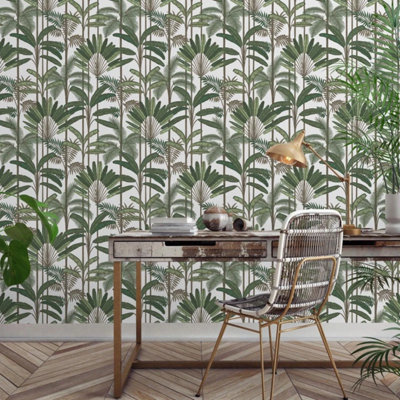Green Tropical Leaf Vinyl Wallpaper Jungle Palm Tree Botanical Modern Wall