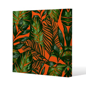 Green Tropical Leaves on Orange (Canvas Print) / 61 x 61 x 4cm