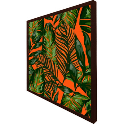 Green tropical leaves on orange (Picutre Frame) / 30x30" / Oak