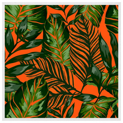 Green tropical leaves on orange (Picutre Frame) / 30x30" / Oak