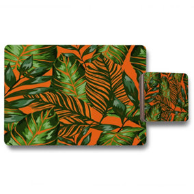 Green Tropical Leaves on Orange (Placemat & Coaster Set) / Default Title