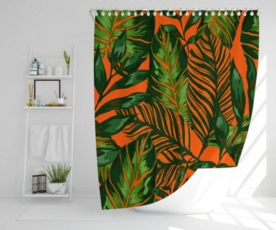 Green Tropical Leaves on Orange (Shower Curtain) / Default Title