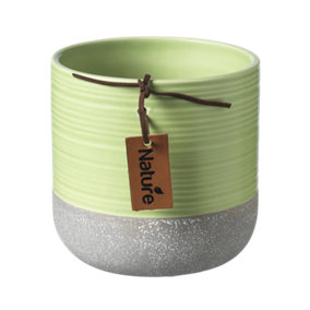 Green Two Tone Indoor Ceramic Plant Pot with Cement Base - H10 cm
