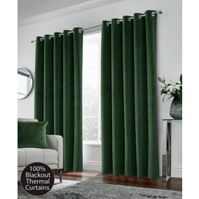 Green Velvet, Supersoft, 100% Blackout, Thermal Pair of Curtains with Eyelet Top - 66 x 54 inch (168x137cm)