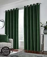 Green Velvet, Supersoft, 100% Blackout, Thermal Pair of Curtains with Eyelet Top - 90 x 72 inch (229x183cm)