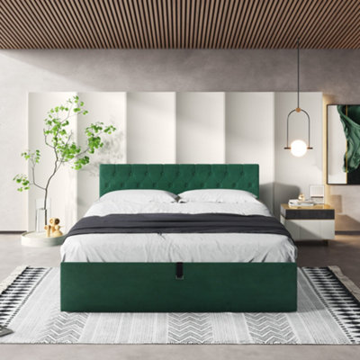 Green Velvet Upholstered Ottoman Double Bed Frame with Storage 135 x 190 cm