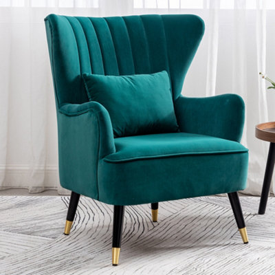 Green Velvet Upholstered Wing Back Occasional Armchair Sofa Chair with Lumber Pillow