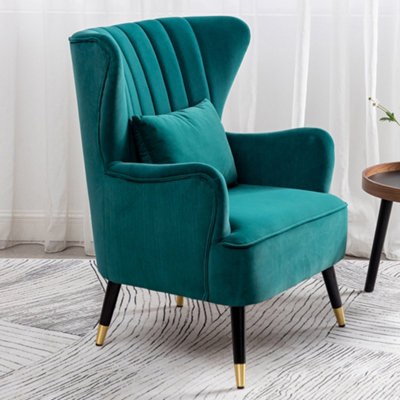 Green Velvet Upholstered Wing Back Occasional Armchair Sofa Chair with Lumber Pillow