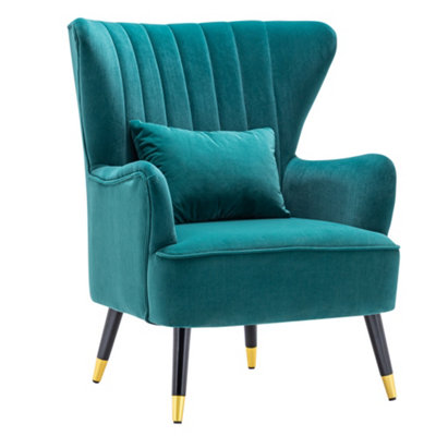 Green Velvet Upholstered Wing Back Occasional Armchair Sofa Chair with Lumber Pillow