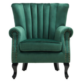 Green Velvet Wing Back Armchair,Upholstered Sofa Chair Vintage Channel Accent Chair with Wooden Legs