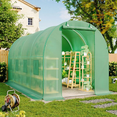 Green Walk In Steel Frame Garden Tunnel Greenhouse with Roll Up Door Windows, 4x3x2M