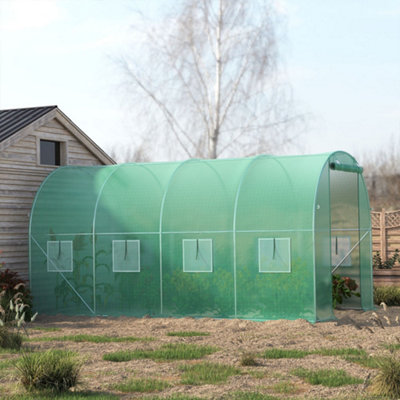 Green Walk In Steel Frame Garden Tunnel Greenhouse with Roll Up Door Windows, 4x3x2M