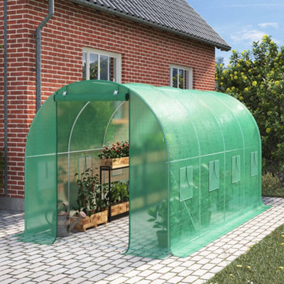 Green Walk In Steel Frame Garden Tunnel Greenhouse with Roll Up Door Windows, 4x3x2M