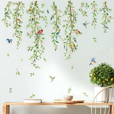 Green Wall Stickers Hanging Vine Wall Decal Leaves Plants Birds on ...