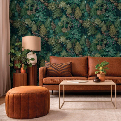 Green Woods Forest Wallpaper Midnight Floral Water Fall Deer Smooth Feature Wall