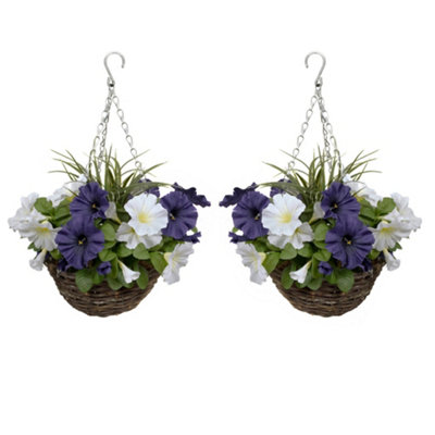 GreenBrokers 2 x Artificial Dark Purple & White Petunias Rattan Hanging Baskets (52cm/20in)