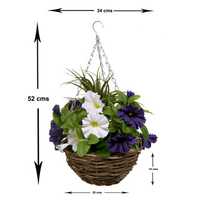 GreenBrokers 2 x Artificial Dark Purple & White Petunias Rattan Hanging Baskets (52cm/20in)