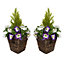 GreenBrokers 2 x Artificial Dark Purple & White Petunias Rattan Patio Planters