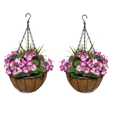 GreenBrokers 2 x Artificial Purple Geraniums Coir Hanging Baskets