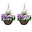 GreenBrokers 2 x Artificial Purple & White Pansy Rattan Hanging Baskets (52cm/20in)